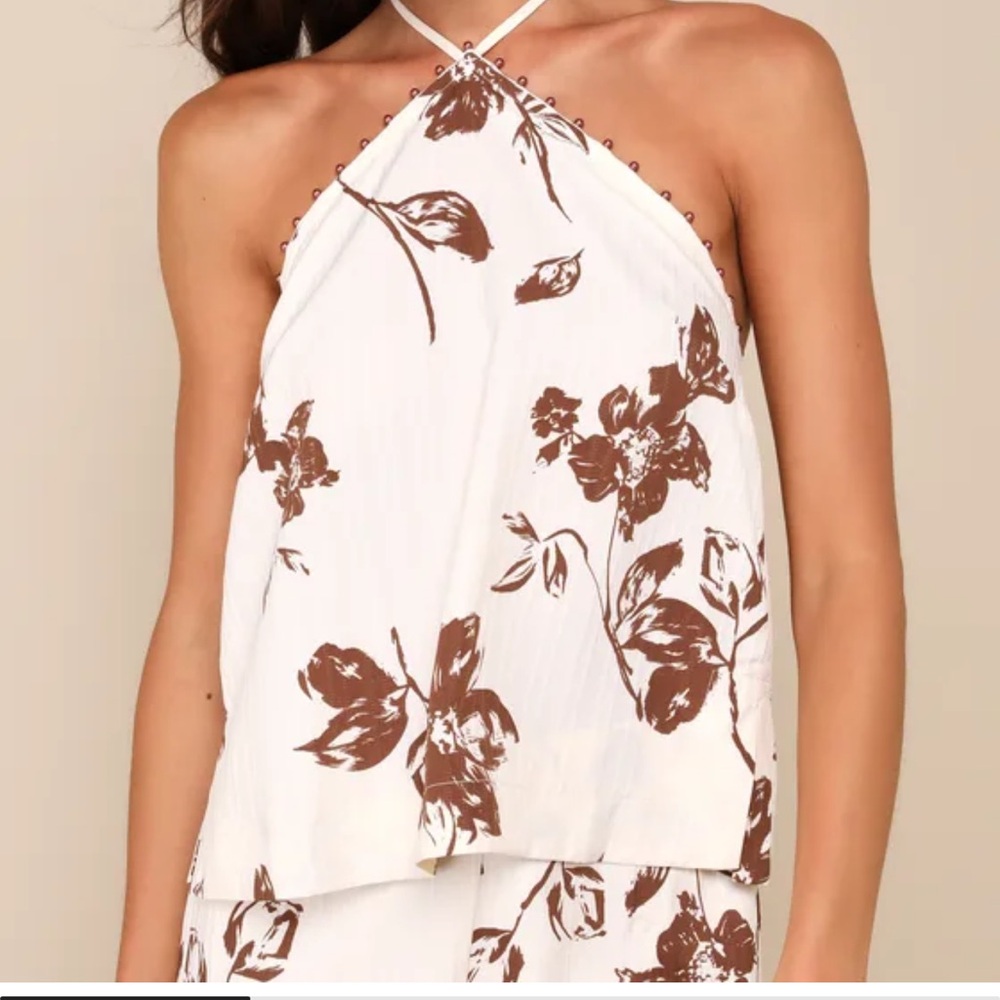 Lulus Confident Design Ivory and Brown Floral Bead Trim Halter Top